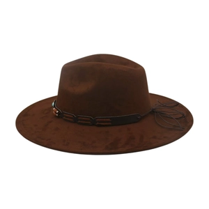 Detail of dark brown western cowboy hat with turquoise beadwork and leather band