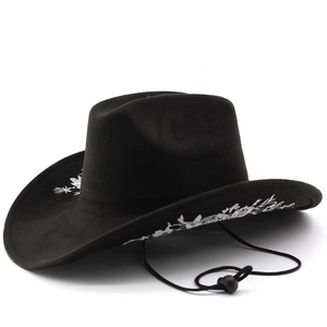Chapeau de cowboy noir en suédine avec broderie florale blanche et cordon réglable