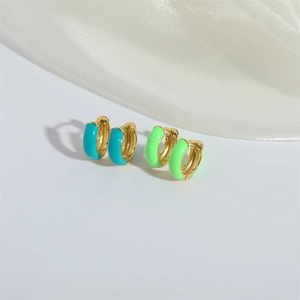 Chic vintage style gold hoop earrings with turquoise and lime green enamel accents