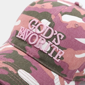 Detail of pink 3D embroidery showing God's Favorite text on camo baseball cap