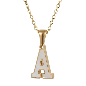 Golden stainless steel necklace featuring a white shell letter A pendant for women