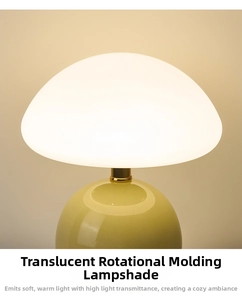 Macro shot of a cream mushroom lamp with soft rotomolded shade and gold ring detail