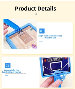 Detailed assembly view of mini indoor basketball hoop with timer and blue plastic board