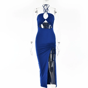 Sexy navy blue halter neck maxi dress with side slit and ruched detail for women