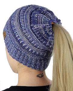 Detail of blue-purple knit ponytail beanie showing the rear hole for hair and C.C logo
