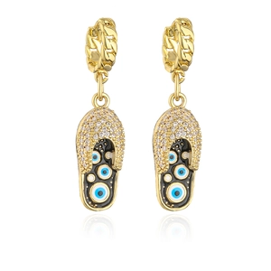 Detailansicht goldener Zehentrenner-Ohrringe mit blauem Auge-Emaille und Zirkonia-Steinen