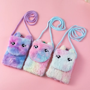 Plush Unicorn Phone Bag Gradient Rainbow Cartoon Shoulder Crossbody Purse With Embroidery Eyes For Kids Girls