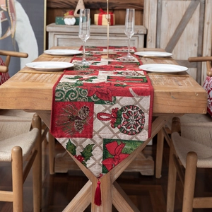 Christmas snowman table runner with jacquard floral patterns and festive red tassels