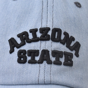 Light blue denim baseball cap with 3D black ARIZONA STATE embroidery on the front