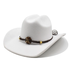 Classic white wool felt western cowboy hat with brown braided rope and gold beads
