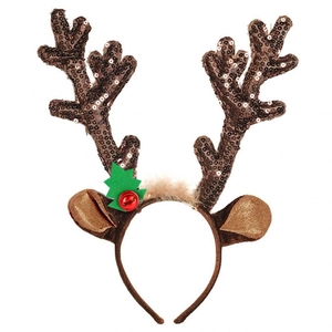 Festive reindeer headband with brown sequin antlers, green trees and red bells on white background