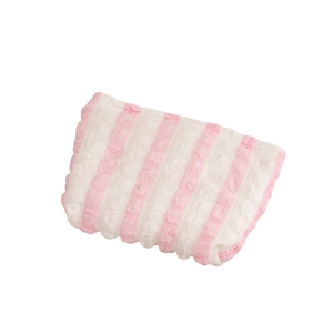 Pink and white striped seersucker puffy makeup bag with large capacity storage
