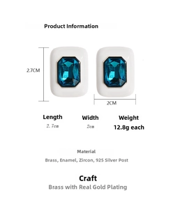 Detail view of blue zircon square earrings with white enamel and size 2.7cm x 2cm