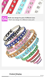 Dettaglio di collari colorati in ecopelle per animali con strass lucidi multicolore
