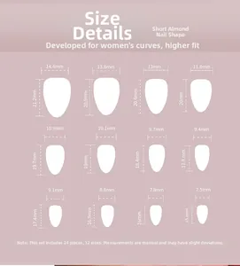 Size chart for short almond press-on nails showing 12 specific widths and lengths
