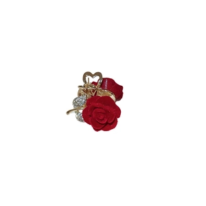 Vintage red flocked rose hair claw clip with gold metal and sparkling crystal leaves