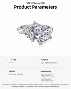 Detailed size chart for S925 sterling silver ring with 8A ice flower cut pear zircon