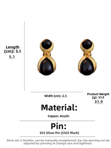 Detail view of retro black acrylic waterdrop earrings with silver needles and gold accents