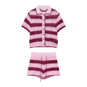 Damen Gestreiftes Gehäkeltes Strick Polo Shirt Und Shorts Lässig Sommer Streetwear Kurzarm Atmungsaktiv