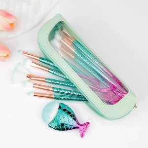 Complete fish-scale makeup brush set with gradient handles and mint green storage case