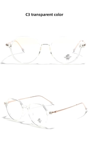 Detail of transparent TR90 frames with rose gold metal temples and blue light protection