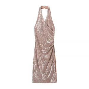 Pink sequin halter dress with pleated details and side slit shown on white background