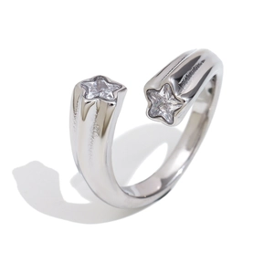 Silver open ring featuring double star-shaped zircons on a polished stainless steel band