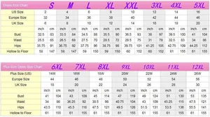 Detailed size chart for white bridal gown showing bust, waist and hips in US/EU/UK sizes