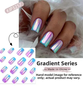 Short square press-on nails featuring blue-purple gradient aurora chrome finish