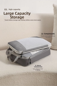 L-sized grey travel compression bag showing volume difference before and after packing