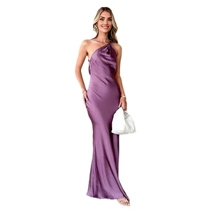 Elegant purple satin one-shoulder maxi dress with a slim fit and floor-length hem