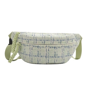 Minimalist green and white plaid crossbody bag with adjustable wide strap and zip closure