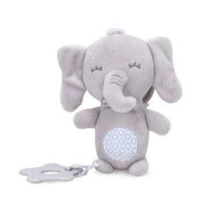 Gray plush elephant baby toy with star-shaped teether and rattling sound feature