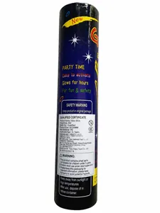 Detail shot of PE glow stick label showing 5x200mm specifications and usage safety info
