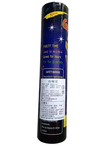 Detail shot of PE glow stick label showing 5x200mm specifications and usage safety info