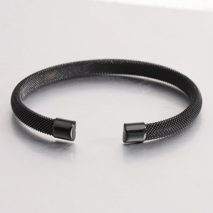 Minimalist 7mm matte black mesh C-shaped stainless steel bracelet with sleek end caps