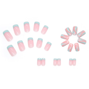 Medium square press-on nails with light blue marble ripples and pink French tips
