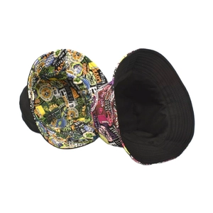 Graffiti print bucket hat with reversible double-sided black cotton streetwear design