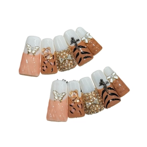 Handmade leopard press-on nails set with 3D bear, pearl butterfly and luxury charms