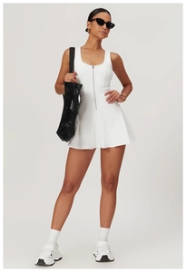 White square neck tennis dress with silver front zipper and slim fit A-line silhouette