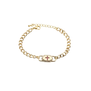 Gold Cuban chain bracelet featuring a red zircon cross and crystal rectangular pendant
