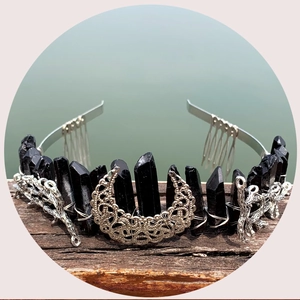 Natural black crystal moon and branch crown headband with silver metal bridal hair comb