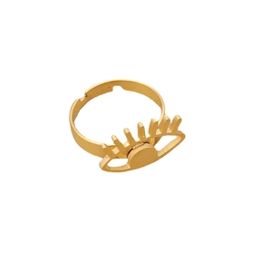 Adjustable gold eye ring with eyelashes design on minimalist white background
