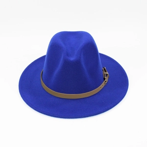 Close-up of royal blue wool fedora hat with brown leather belt buckle detail