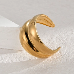 Polished gold-plated C-shaped stainless steel open cuff bracelet with metallic shine