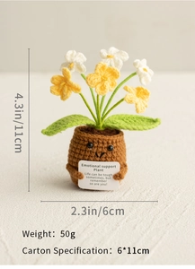 Detail view of crochet plant doll with dimensions 4.3x2.3 inches and emotional support card