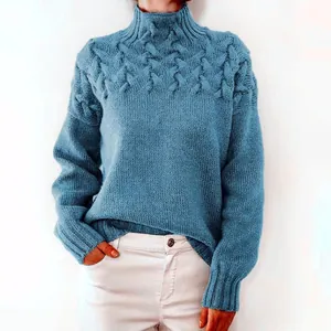 Cable Knit Turtleneck Sweater Knit Long Sleeve Solid Color Elegant Commuter Pullover Women Tops