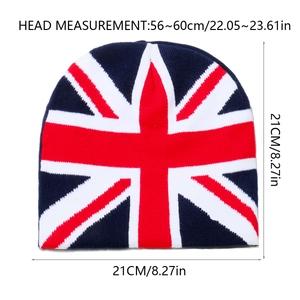 Detailed size chart for the Union Jack knit beanie with 21cm dimensions and 56-60cm fit