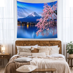 Detailed view of tapestry fabric showing Mt. Fuji and cherry blossoms for wall decor