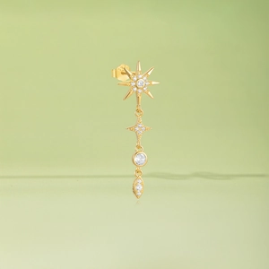 Macro shot of S925 sterling silver star drop earrings with sparkling cubic zirconia crystals